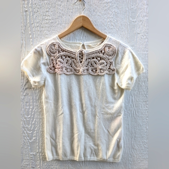 Knitted & Knotted Cotton Cashmere Blend Ivory Crochet Detail Knit Sweater Small - Picture 1 of 6